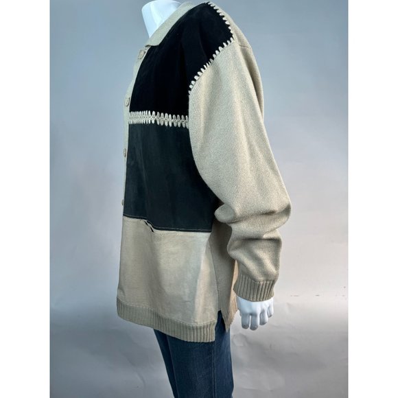 Virgola Uomo Patchwork Sweater Cardigan Size XL Beige Suede Suede, Ramie - Picture 4 of 16